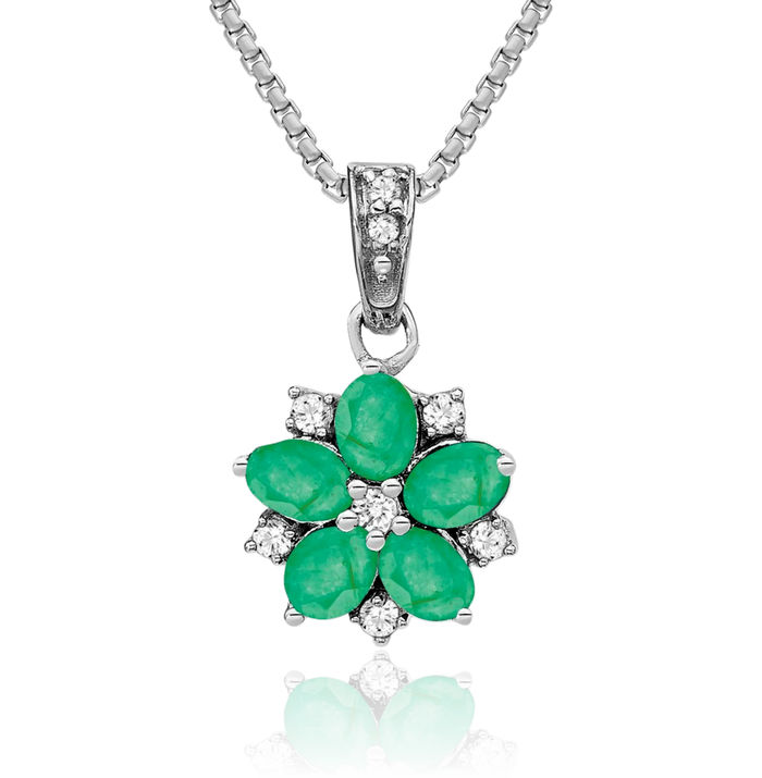 14K Solid White Gold Green Emerald Diamond Flower Necklace Charm Gemstone Pendant