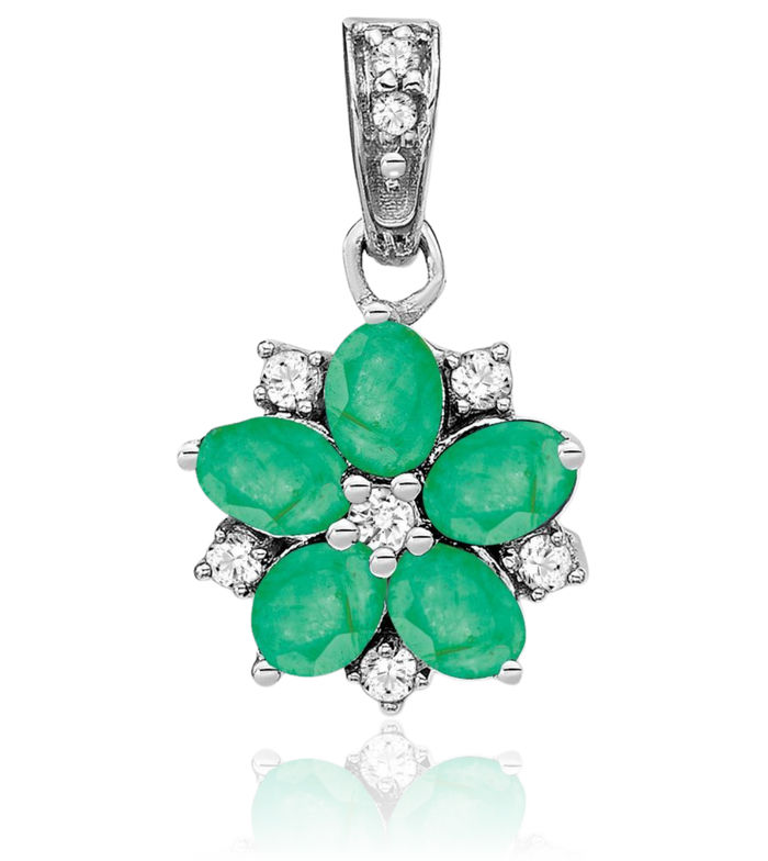 14K Solid White Gold Green Emerald Diamond Flower Necklace Charm Gemstone Pendant