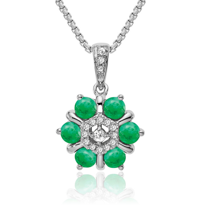 14K Solid White Gold Green Emerald Diamond Flower Necklace Charm Gemstone Pendant