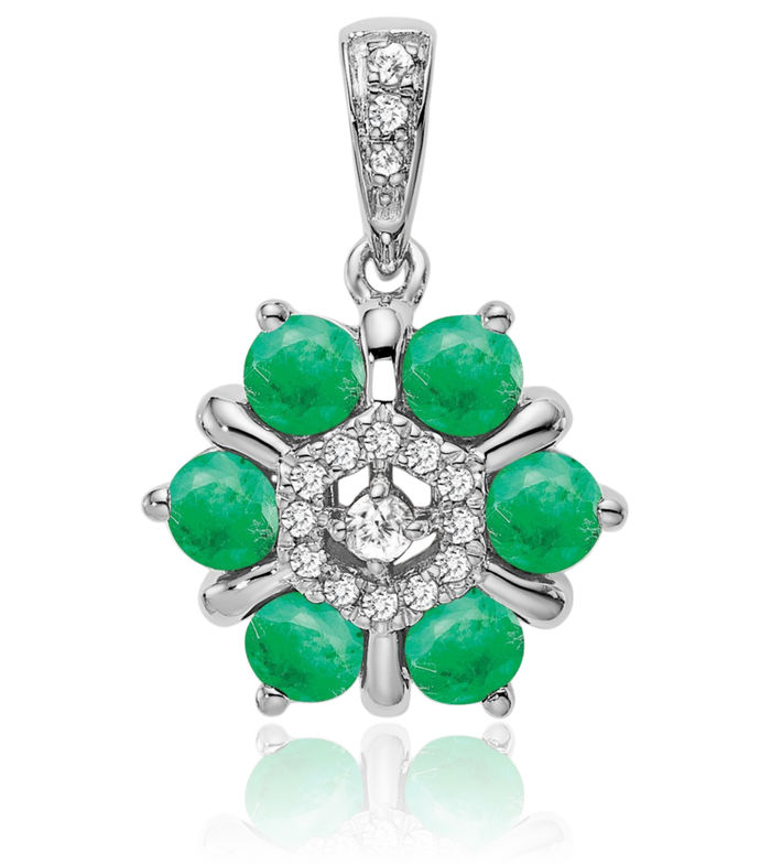 14K Solid White Gold Green Emerald Diamond Flower Necklace Charm Gemstone Pendant