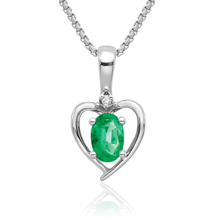 14K Solid White Gold Green Emerald Diamond Heart Necklace Gemstone Pendant Charm April May Birthstone Jewelry