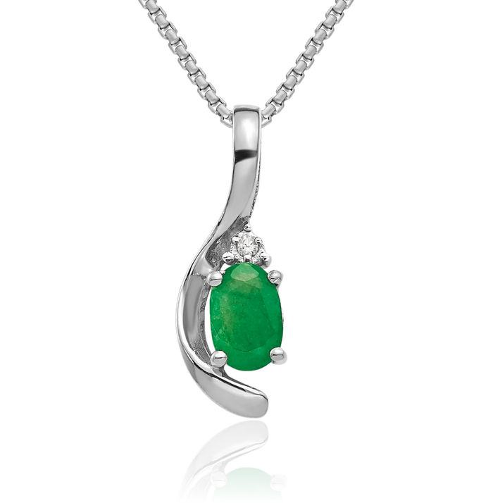 14K Solid White Gold Green Emerald Diamond Necklace Gemstone Pendant Charm April May Birthstone Jewelry