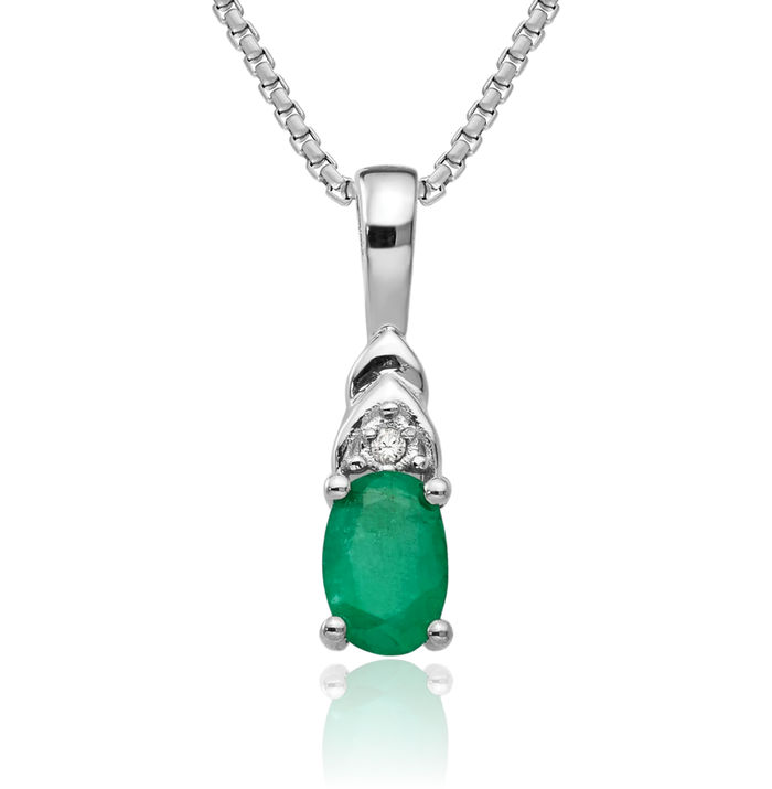 14K Solid White Gold Green Emerald Diamond Necklace Gemstone Pendant Charm April May Birthstone Jewelry