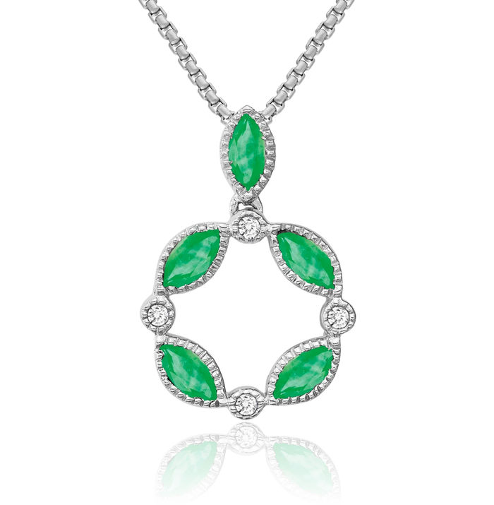 14K Solid White Gold Green Emerald Diamond Necklace Charm Gemstone Pendant