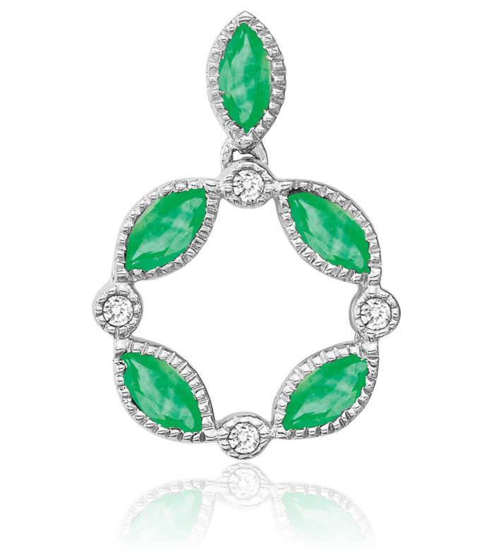 14K Solid White Gold Green Emerald Diamond Necklace Charm Gemstone Pendant