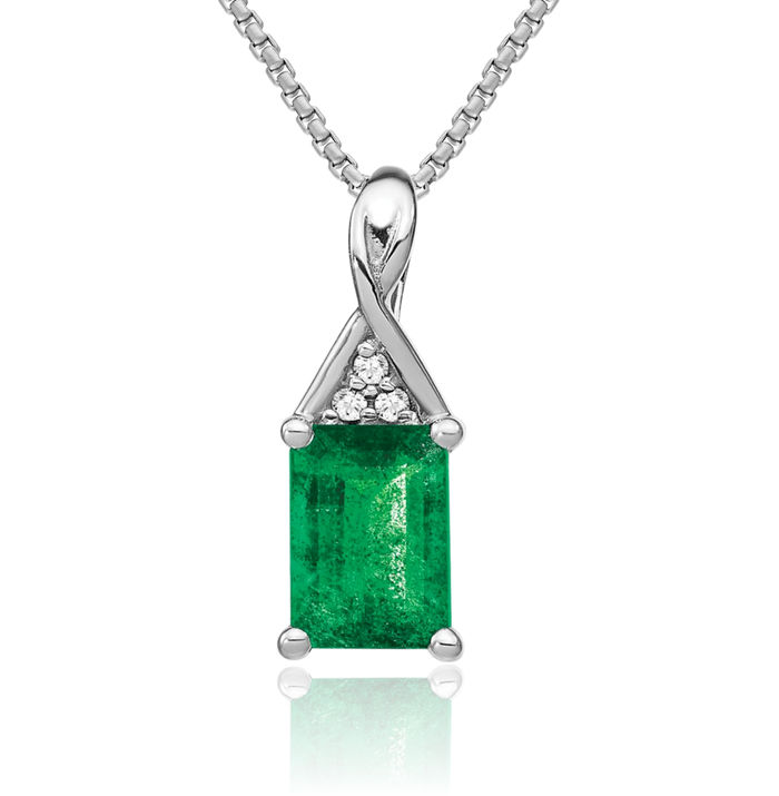 14K Solid White Gold Green Emerald Diamond Necklace Charm Gemstone Pendant