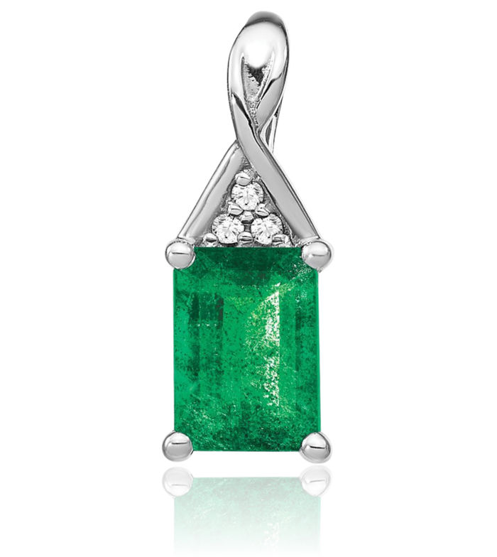 14K Solid White Gold Green Emerald Diamond Necklace Charm Gemstone Pendant