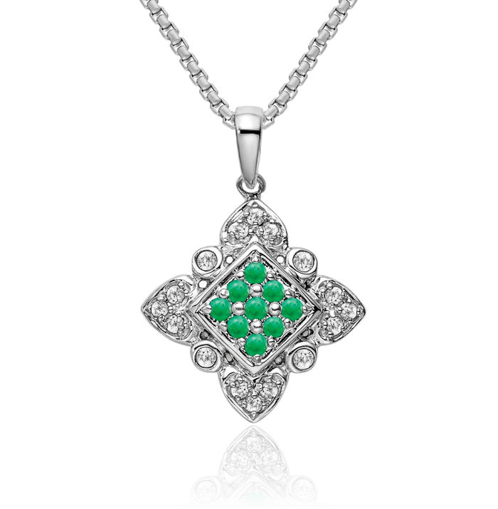 14K Solid White Gold Green Emerald Diamond Vintage Necklace Charm Gemstone Pendant