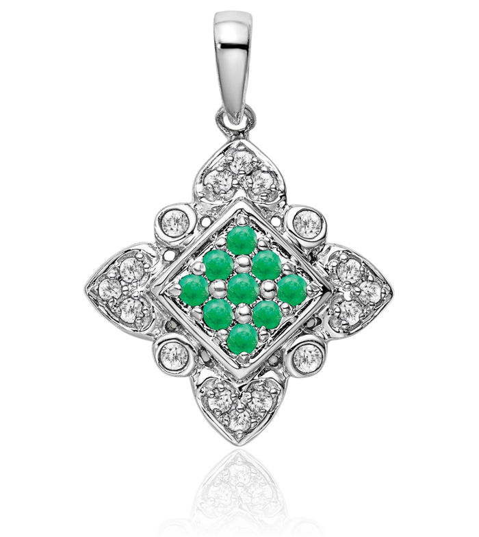 14K Solid White Gold Green Emerald Diamond Vintage Necklace Charm Gemstone Pendant