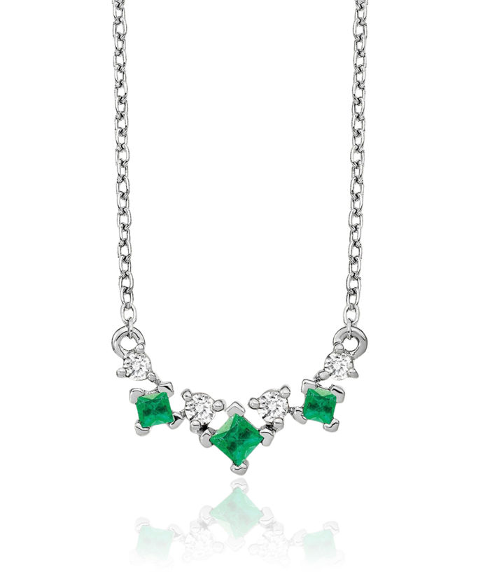 14K Solid White Gold Green Emerald Diamond Necklace Chain Gemstone Pendant Charm