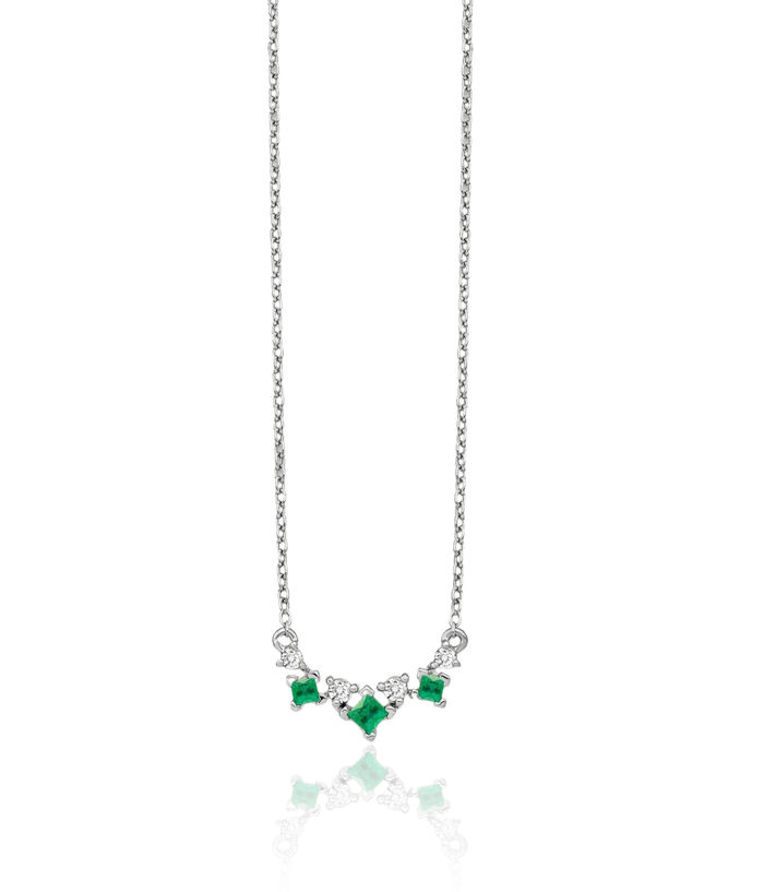 14K Solid White Gold Green Emerald Diamond Necklace Chain Gemstone Pendant Charm