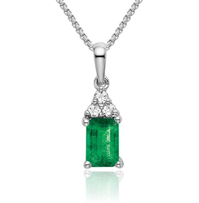 14K Solid White Gold Green Emerald Diamond Necklace Charm Gemstone Pendant