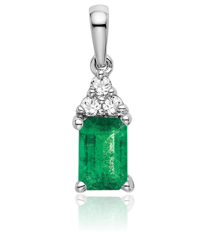 14K Solid White Gold Green Emerald Diamond Necklace Charm Gemstone Pendant