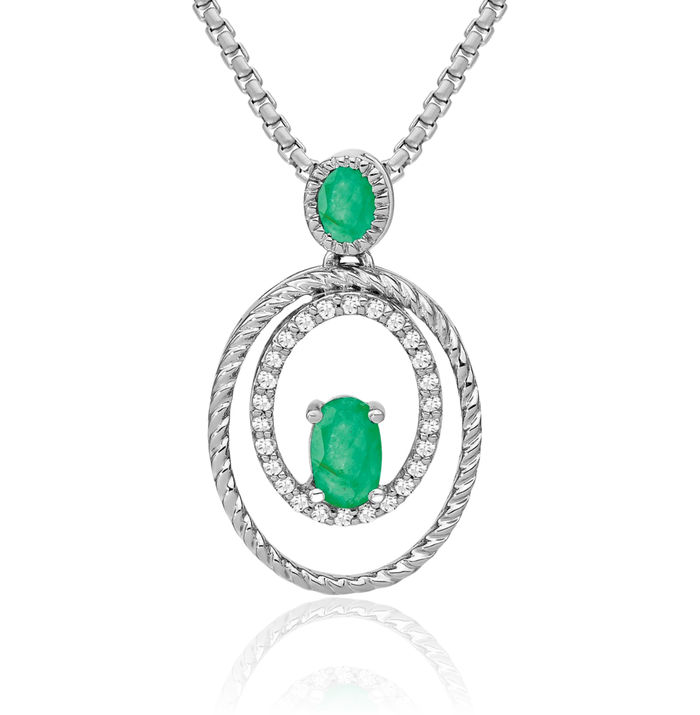 14K Solid White Gold Green Emerald Diamond Oval Necklace Charm Gemstone Pendant