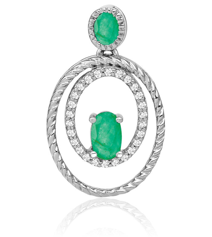 14K Solid White Gold Green Emerald Diamond Oval Necklace Charm Gemstone Pendant