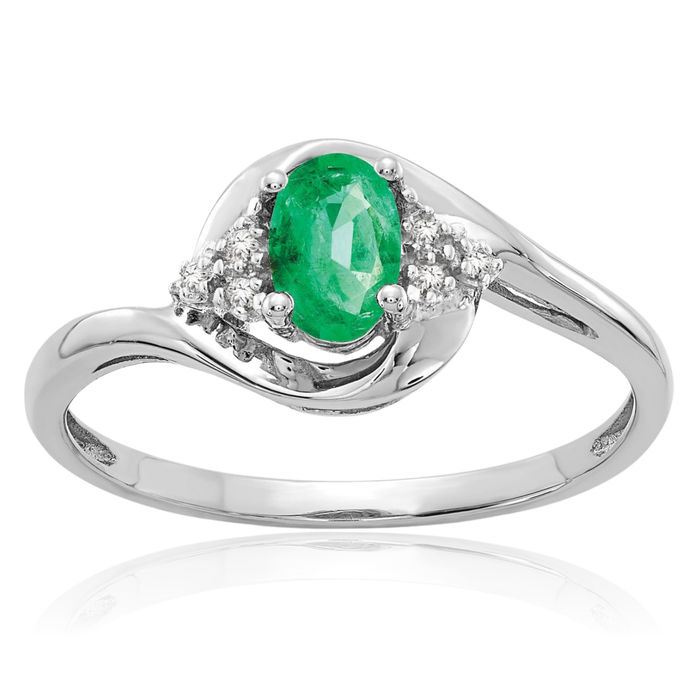 14K Solid White Gold Green Emerald Diamond Ring Gemstone Band May Birthstone Jewelry