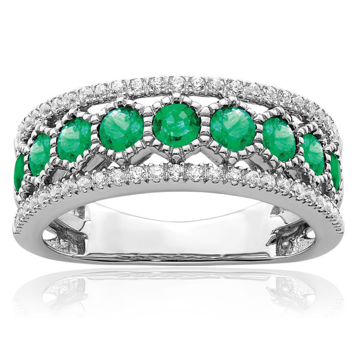 14K Solid White Gold Green Emerald Diamond Ring Gemstone Band May Birthstone Jewelry