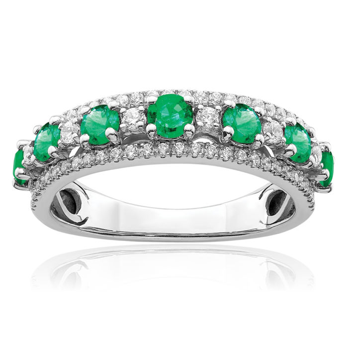 14K Solid White Gold Green Emerald Diamond Ring Gemstone Band May Birthstone Jewelry