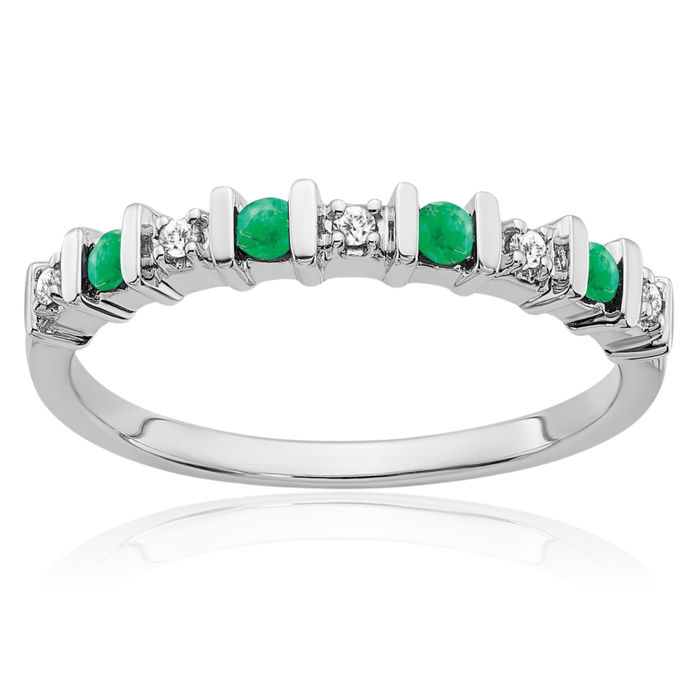 14K Solid White Gold Green Emerald Diamond Ring Gemstone Band