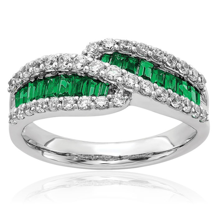 14K Solid White Gold Green Emerald Diamond Ring Gemstone Band May Birthstone Jewelry