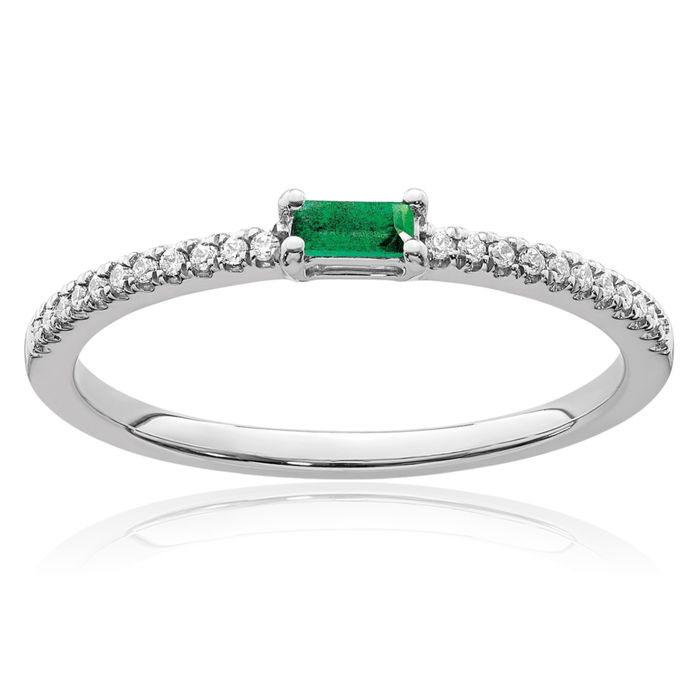 14K Solid White Gold Green Emerald Diamond Ring Gemstone Band