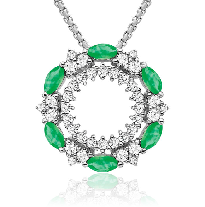 14K Solid White Gold Green Emerald Diamond Circle Round Floating Chain Slide Gemstone Pendant Necklace Charm