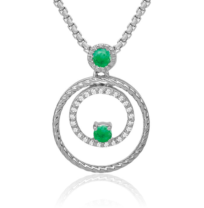 14K Solid White Gold Green Emerald Diamond Circle Round Necklace Charm Gemstone Pendant