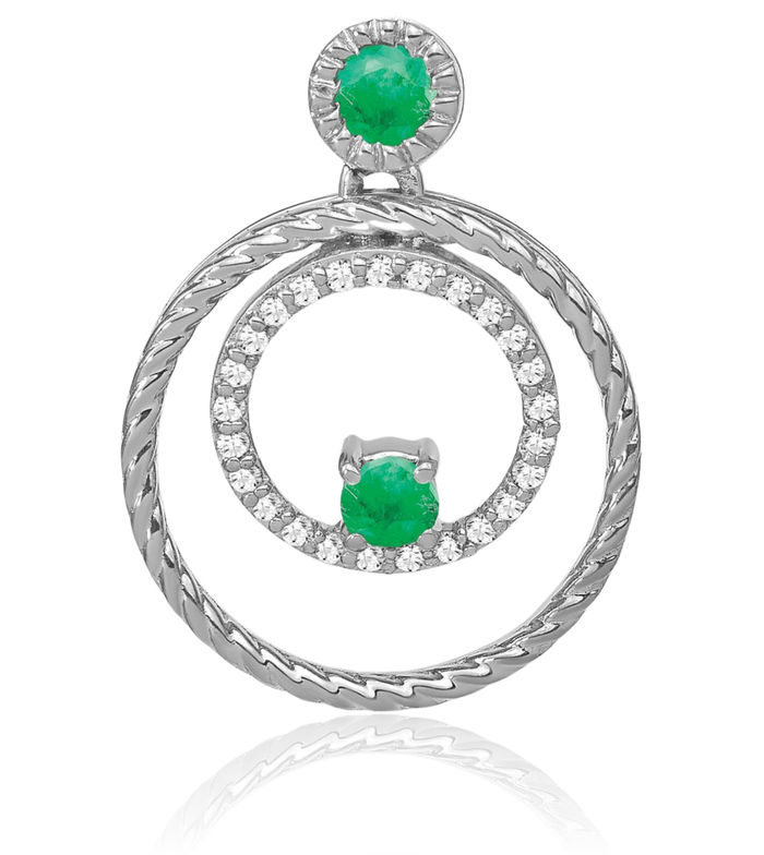 14K Solid White Gold Green Emerald Diamond Circle Round Necklace Charm Gemstone Pendant