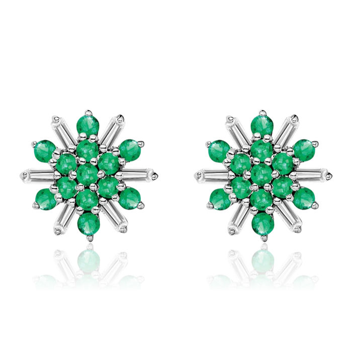 14K Solid White Gold Green Emerald Diamond Stud Earrings May Birthstone Jewelry