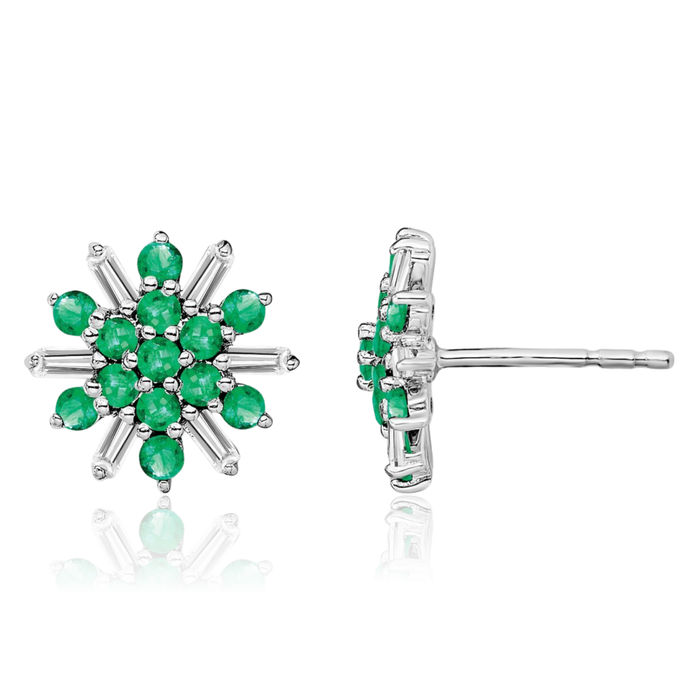 14K Solid White Gold Green Emerald Diamond Stud Earrings May Birthstone Jewelry