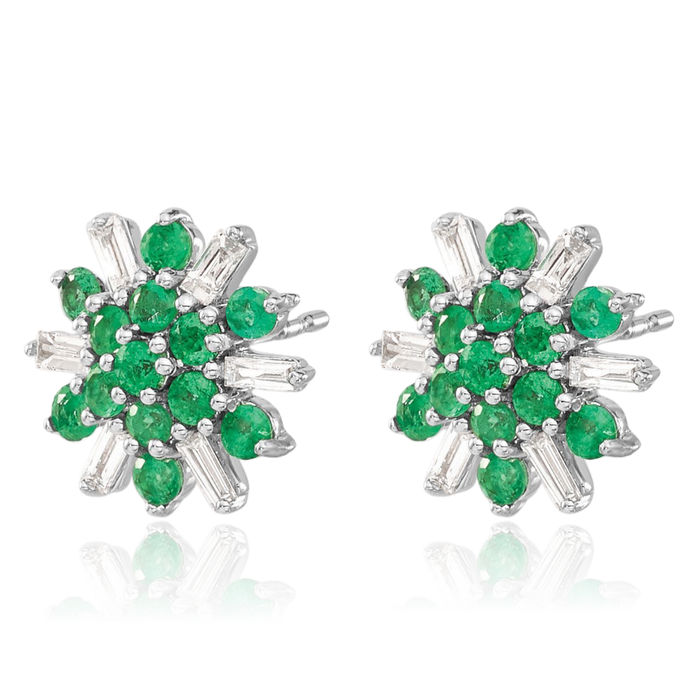 14K Solid White Gold Green Emerald Diamond Stud Earrings May Birthstone Jewelry