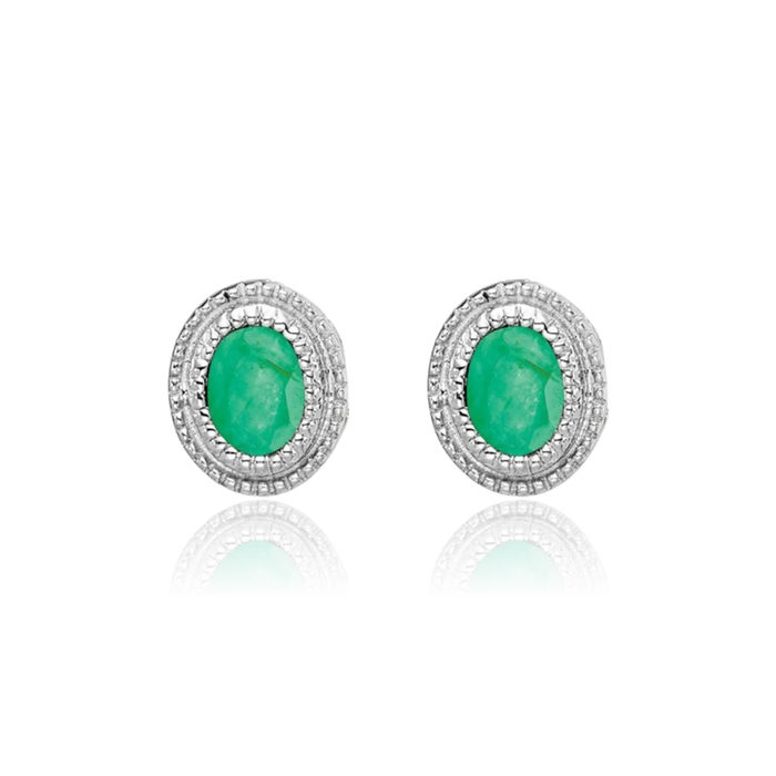 14K Solid White Gold Green Emerald Diamond Stud Earrings May Birthstone Jewelry