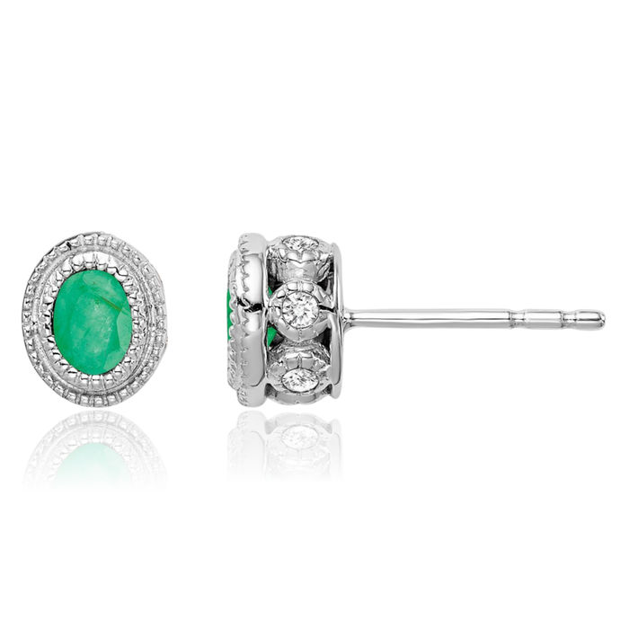 14K Solid White Gold Green Emerald Diamond Stud Earrings May Birthstone Jewelry