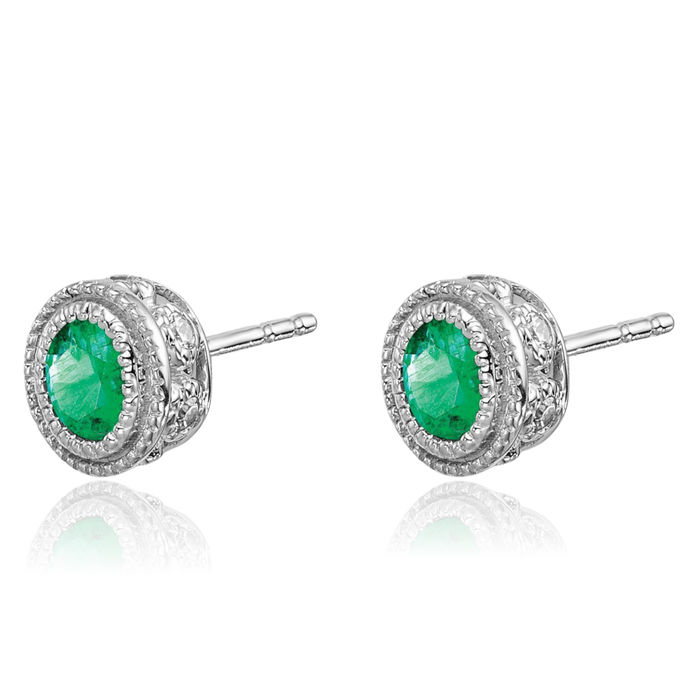 14K Solid White Gold Green Emerald Diamond Stud Earrings May Birthstone Jewelry