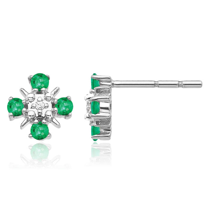 14K Solid White Gold Green Emerald Diamond Studs Gemstone Earrings