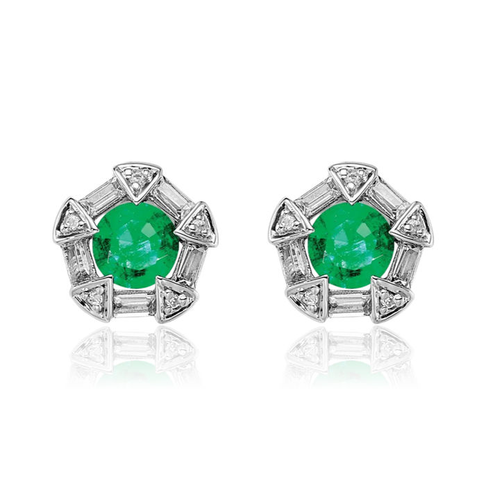 14K Solid White Gold Green Emerald Diamond Studs Gemstone Earrings May Birthstone Jewelry