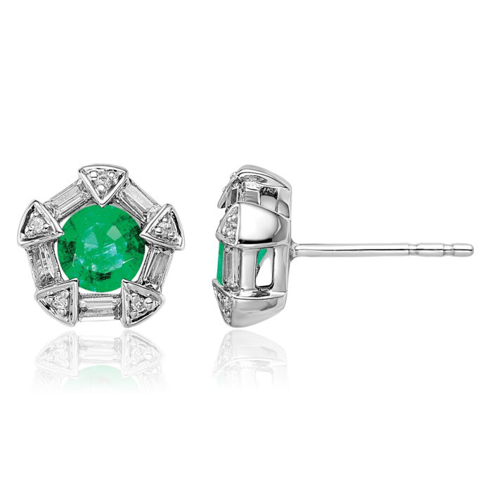 14K Solid White Gold Green Emerald Diamond Studs Gemstone Earrings May Birthstone Jewelry