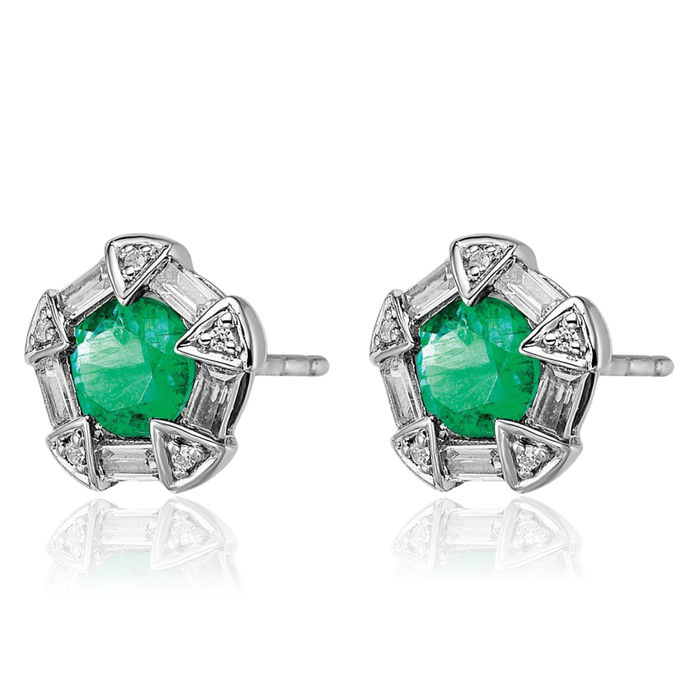 14K Solid White Gold Green Emerald Diamond Studs Gemstone Earrings May Birthstone Jewelry