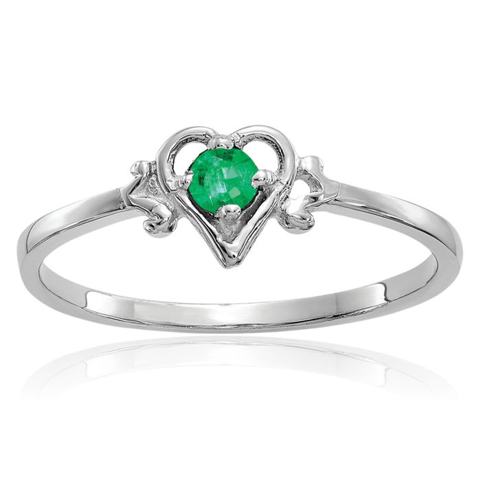 14K Solid White Gold Green Emerald Heart Ring Love Band May Birthstone Jewelry