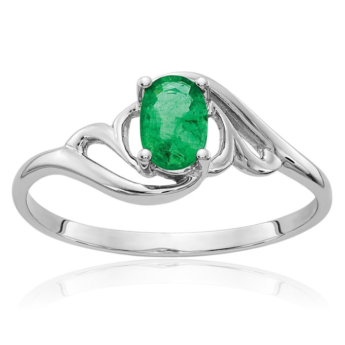 14K Solid White Gold Green Emerald Ring Gemstone Band May Birthstone Jewelry