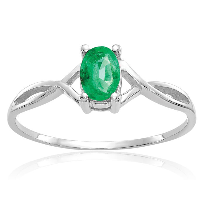 14K Solid White Gold Green Emerald Ring Gemstone Band May Birthstone Jewelry