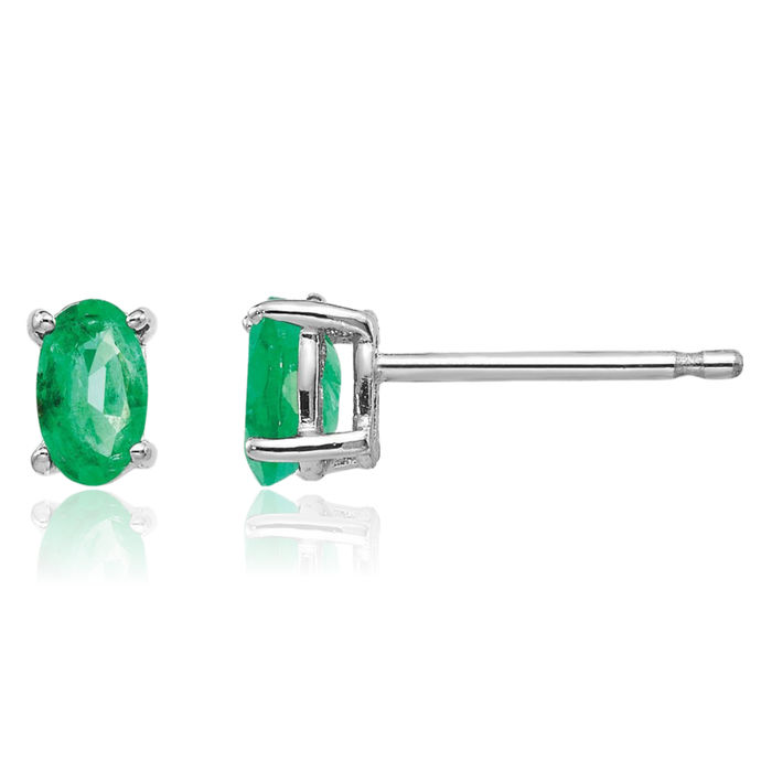 14K Solid White Gold Green Emerald Studs Gemstone Solitaire Earrings May Birthstone Jewelry