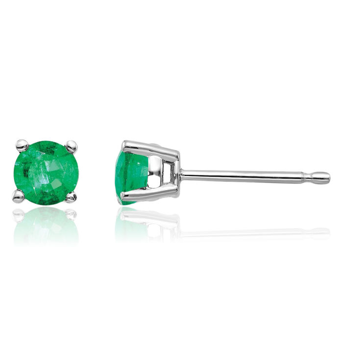 14K Solid White Gold Green Emerald Studs Gemstone Solitaire Earrings May Birthstone Jewelry