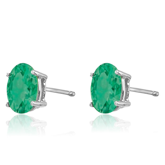 14K Solid White Gold Green Emerald Studs Gemstone Solitaire Earrings May Birthstone Jewelry