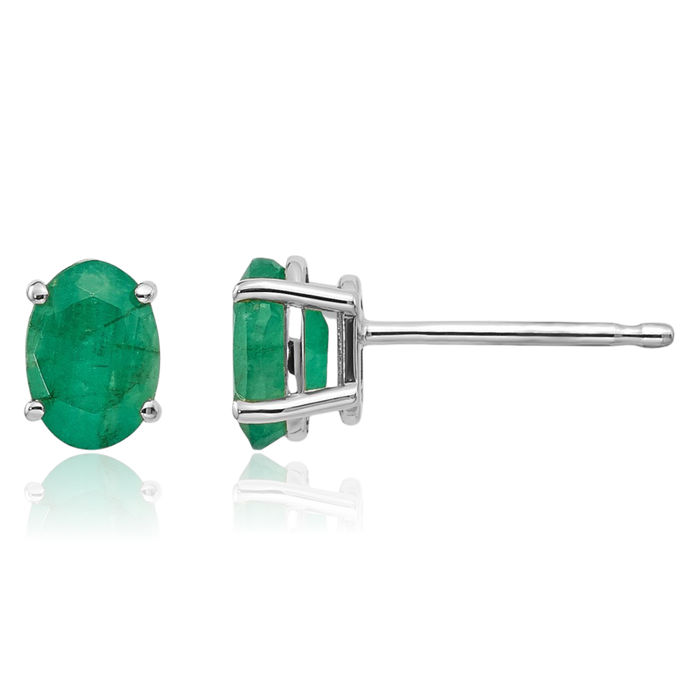 14K Solid White Gold Green Emerald Studs Gemstone Earrings May Birthstone Jewelry