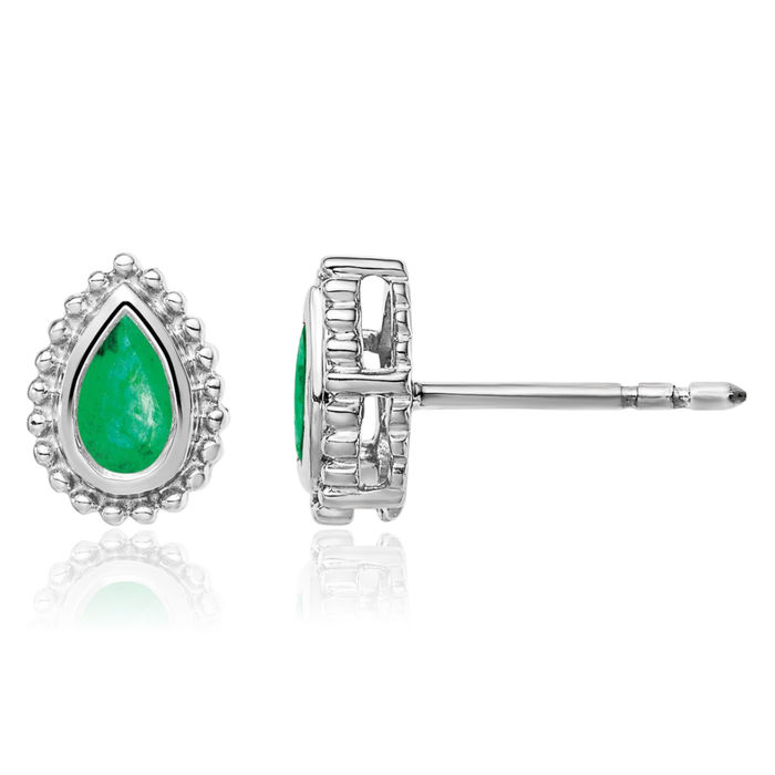 14K Solid White Gold Green Emerald Studs Pear Teardrop Gemstone Earrings May Birthstone Jewelry