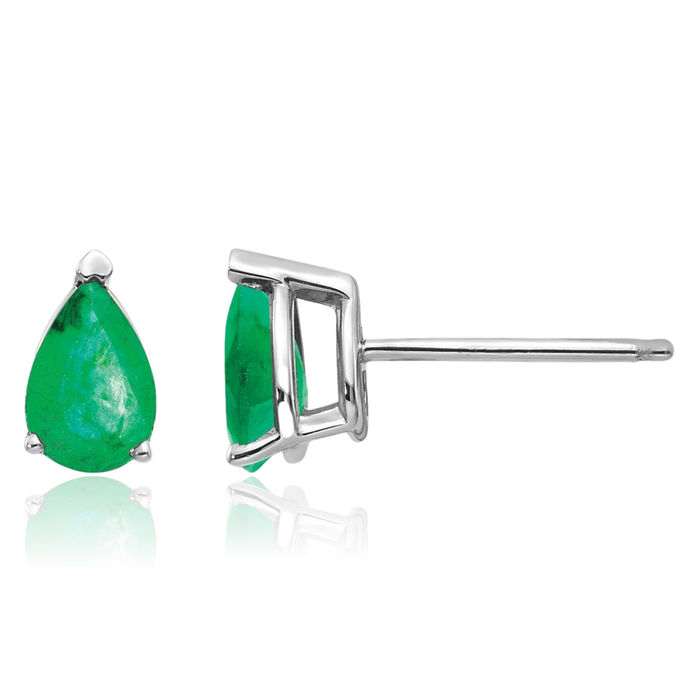 14K Solid White Gold Green Emerald Studs Pear Teardrop Gemstone Solitaire Earrings May Birthstone Jewelry