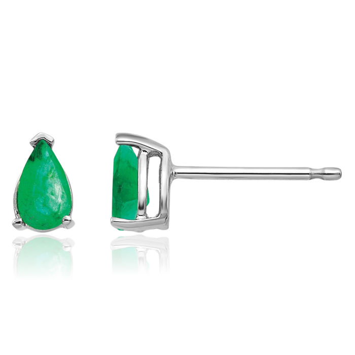 14K Solid White Gold Green Emerald Studs Pear Teardrop Gemstone Solitaire Earrings May Birthstone Jewelry