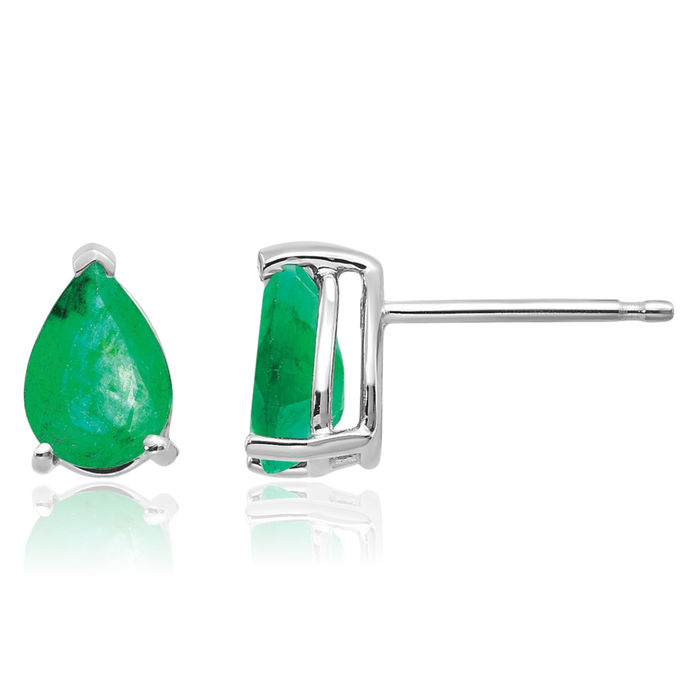 14K Solid White Gold Green Emerald Studs Pear Teardrop Gemstone Solitaire Earrings May Birthstone Jewelry