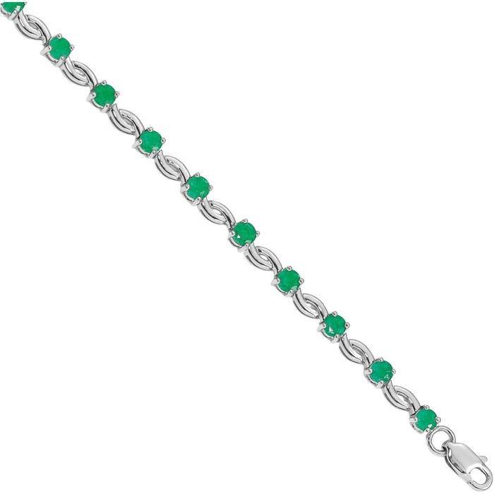 14K Solid White Gold Green Emerald Gemstone Tennis Bracelet